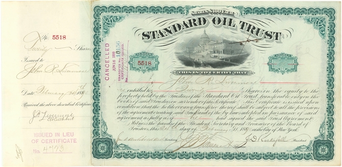 1890 John D. Rockefeller Signed Standard Oil Stock Certificate (Beckett)